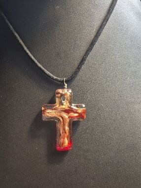 Dichroic glass Murano style multicolored silver on red cross pendant necklace
